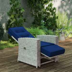 4 Piece Rattan Garden Furniture Set with Adjustable Backrest, Wicker Outdoor Furniture Sofa Set with Loveseat, Reclining Armchairs, Thickened Cushions and Glass Top Table, Navy Blue