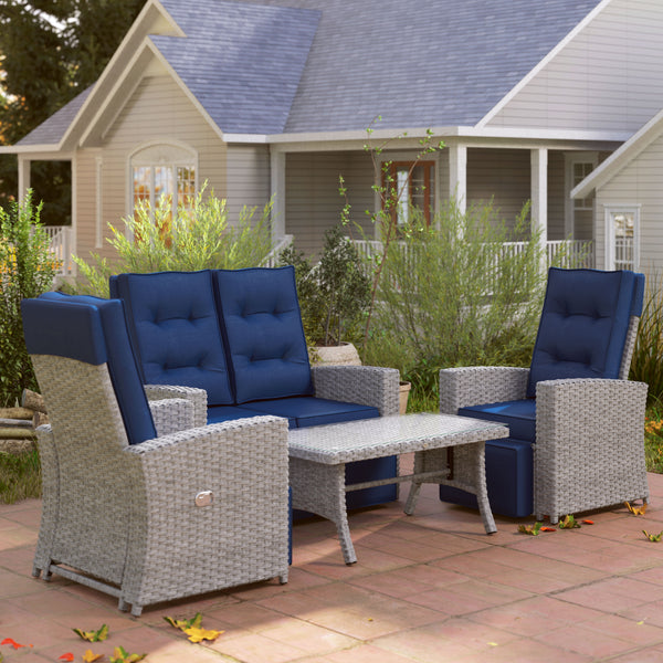 4 Piece Rattan Garden Furniture Set with Adjustable Backrest, Wicker Outdoor Furniture Sofa Set with Loveseat, Reclining Armchairs, Thickened Cushions and Glass Top Table, Navy Blue