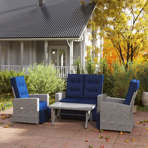 4 Piece Rattan Garden Furniture Set with Adjustable Backrest, Wicker Outdoor Furniture Sofa Set with Loveseat, Reclining Armchairs, Thickened Cushions and Glass Top Table, Navy Blue