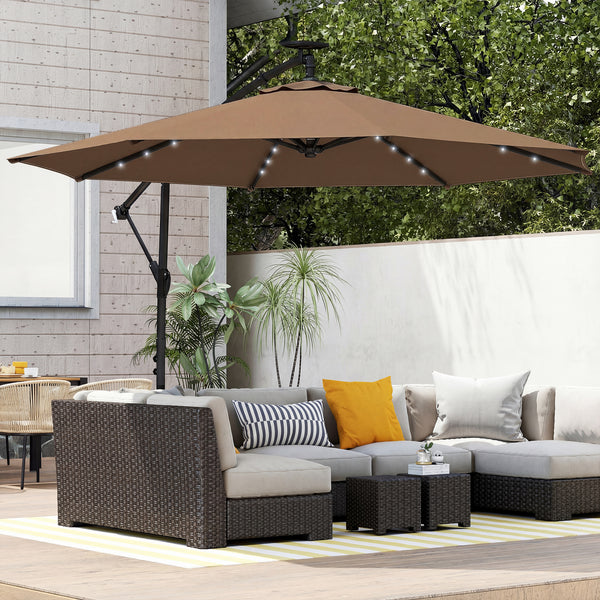 9.7 ft Cantilever Patio Umbrella with Solar LED Light, Cover, Round Offset Hanging Outdoor Umbrella Parasol with Tilt and Crank Handle, Khaki
