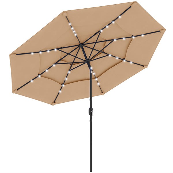 2.8 m Garden Parasol Umbrella with LED Solar Light, Parasol Cover, 3 Tier Outdoor Table Market Patio Umbrella Sun Shade with Tilt and Crank, 8 Ribs, Khaki