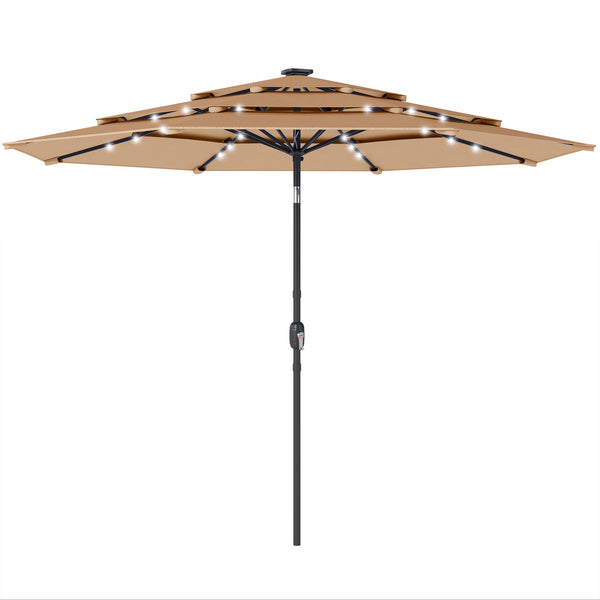 2.8 m Garden Parasol Umbrella with LED Solar Light, Parasol Cover, 3 Tier Outdoor Table Market Patio Umbrella Sun Shade with Tilt and Crank, 8 Ribs, Khaki