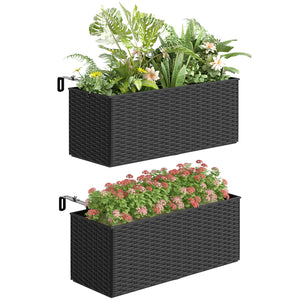 2 Pack Railing Planter Box, 20 Inch Hanging Flower Pots with Hooks and Drainage Hole, Rectangular Planters for Fence, Balcony, Garden, Patio, Rattan Look, Black
