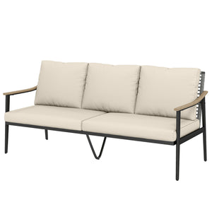 3 Seater Rattan Sofa, Outdoor Garden Sofa with Wood-Effect Armrests, PE Rattan Garden Furniture with Cushions, Steel Frame for Porch, Patio, Balcony, Khaki