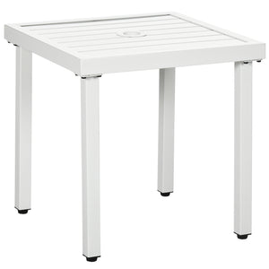 Garden Side Table, 51x51cm Square Patio Coffee Table with Umbrella Hole, End Table with Steel Frame for Balcony, White
