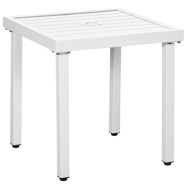 Garden Side Table, 51x51cm Square Patio Coffee Table with Umbrella Hole, End Table with Steel Frame for Balcony, White