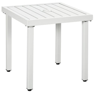 Garden Side Table, 51x51cm Square Patio Coffee Table with Umbrella Hole, End Table with Steel Frame for Balcony, White