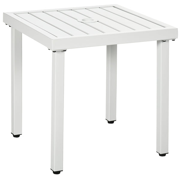 Garden Side Table, 51x51cm Square Patio Coffee Table with Umbrella Hole, End Table with Steel Frame for Balcony, White