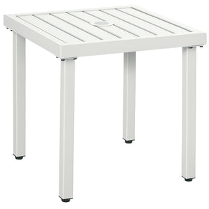 Garden Side Table, 51x51cm Square Patio Coffee Table with Umbrella Hole, End Table with Steel Frame for Balcony, White