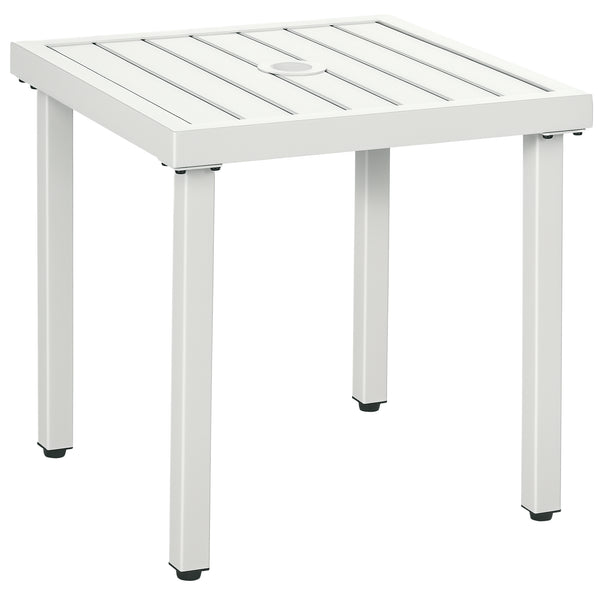 Garden Side Table, 51x51cm Square Patio Coffee Table with Umbrella Hole, End Table with Steel Frame for Balcony, White