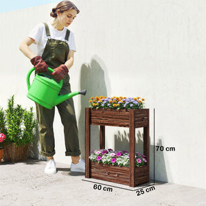 2-Tier Wooden Raised Planter, Raised Garden Bed on Legs with Drainage Holes and Bed Liner, Outdoor Elevated Garden Planter for Vegetables, Herbs, Flowers, 60 x 25 x 70 cm