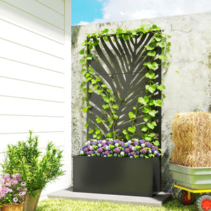 Metal Planter Box with Trellis, 71" Tall Raised Garden Bed with Trellis Privacy Screen for Climbing Plants, Large Leaf Cut-Out Privacy Planter for Garden, Patio, Balcony