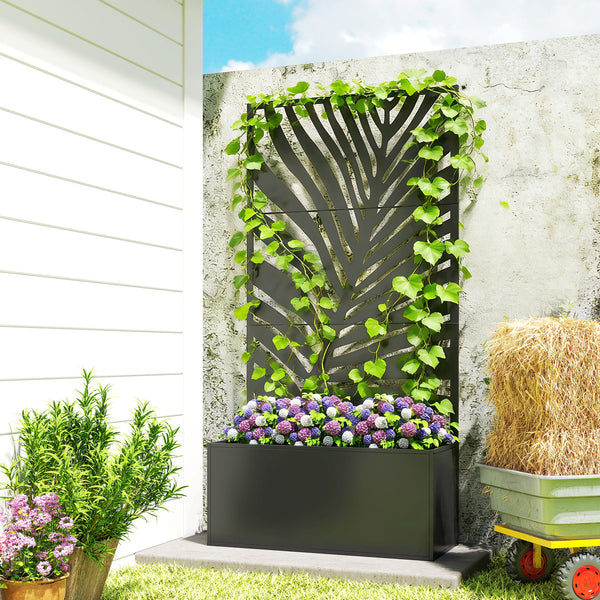 Metal Planter Box with Trellis, 71" Tall Raised Garden Bed with Trellis Privacy Screen for Climbing Plants, Large Leaf Cut-Out Privacy Planter for Garden, Patio, Balcony