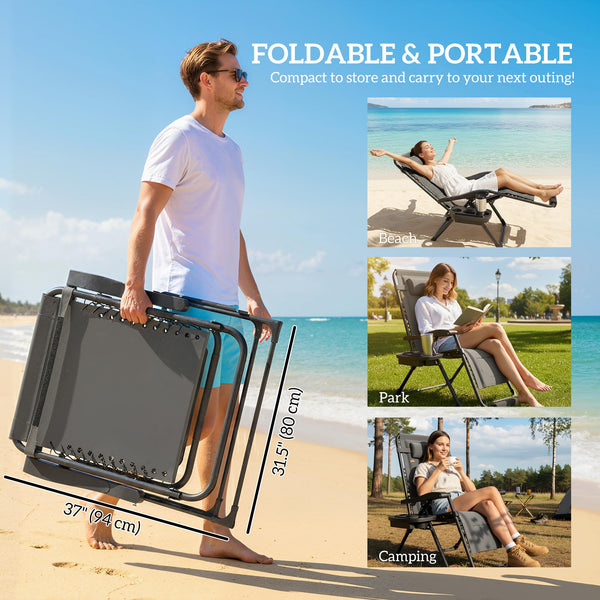 Zero Gravity Lounger Chair, Padded Folding Reclining Patio Chair with Cup Holder, Detachable Headrest, Extra Wide Seat, 400 LBS Capacity for Pool, Camping, Dark Grey