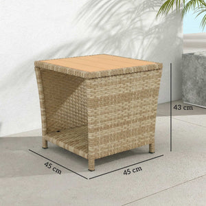 2-Tier PE Rattan Side Table with Storage Shelf, Square Outdoor Coffee Table with PS Wood Slat Top, UV-Resistant for Patio, Garden, Balcony, Khaki