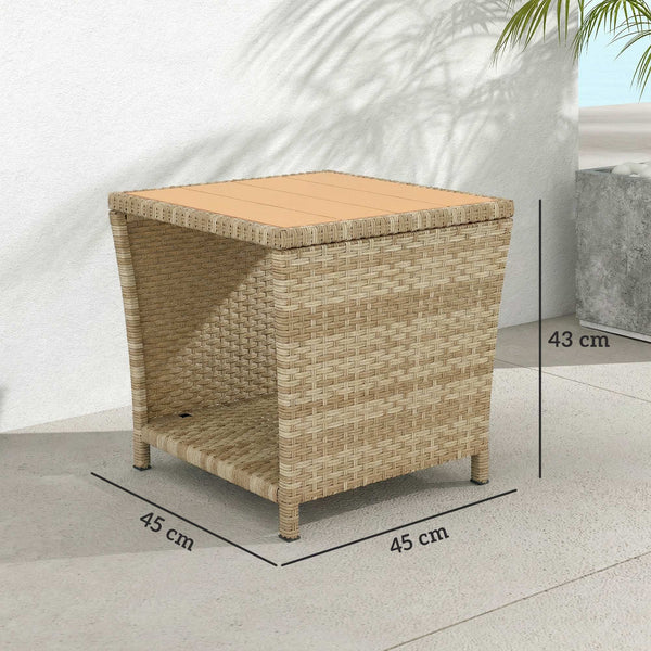 2-Tier PE Rattan Side Table with Storage Shelf, Square Outdoor Coffee Table with PS Wood Slat Top, UV-Resistant for Patio, Garden, Balcony, Khaki