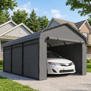 10' x 15' Heavy Duty Metal Carport, Waterproof Garage Car Canopy Shelter with Galvanized Metal Roof and Removable Sidewalls for Cars, Boats, Tractors, Dark Gray