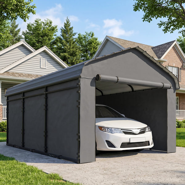 10' x 15' Heavy Duty Metal Carport, Waterproof Garage Car Canopy Shelter with Galvanized Metal Roof and Removable Sidewalls for Cars, Boats, Tractors, Dark Gray