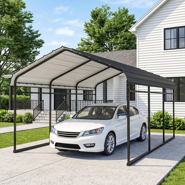 10' x 15' Heavy Duty Metal Carport, Waterproof Garage Car Canopy Shelter with Galvanized Metal Roof and Removable Sidewalls for Cars, Boats, Tractors, Dark Gray