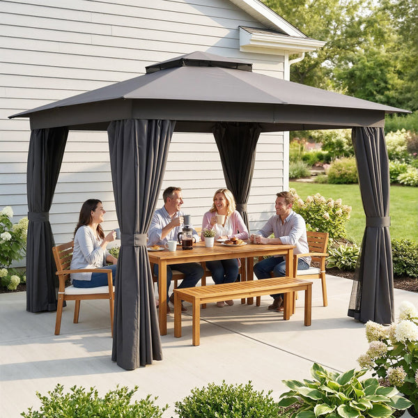 10' x 10' Outdoor Patio Gazebo, Soft Top Gazebo Canopy Shelter with Double Roof, Curtains, Netting, Steel Frame, UPF30+ Protection, Ceiling Hook for Lawn, Backyard, Deck, Dark Gray