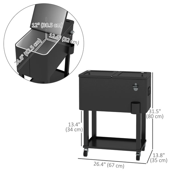 60 Quart Rolling Patio Cooler Cart, Portable Outdoor Cooler with Locking Wheels, Storage Shelf, Steel Bottle Opener, Ice Chest for Patio Backyard Party BBQ, Black