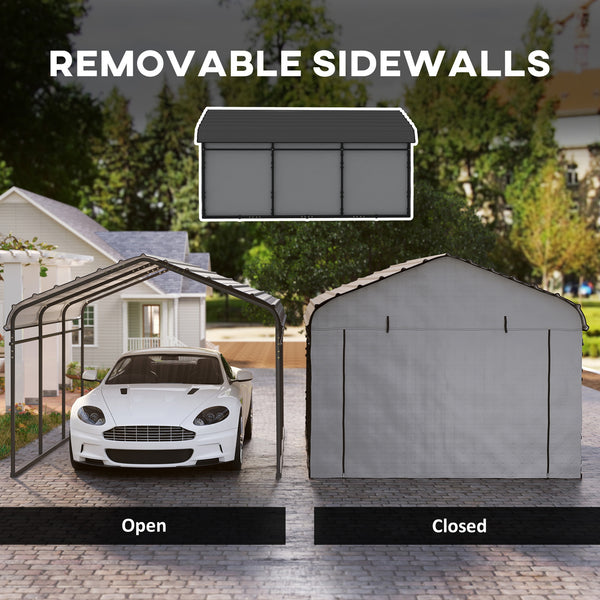 10' x 15' x 8' Heavy Duty Metal Carport, Waterproof Car Shelter Garage Canopy with Galvanized Metal Roof and Removable Sidewalls for Cars, Boats and Trucks, Light Grey