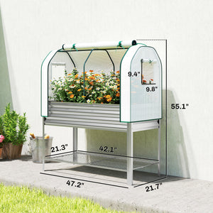 Galvanised Raised Garden Bed with Greenhouse Cover, Metal Elevated Garden Bed with Legs, Bed Liner and Bottom Shelf, Outdoor Raised Planter Box for Vegetables, Herbs, Flowers, Silver