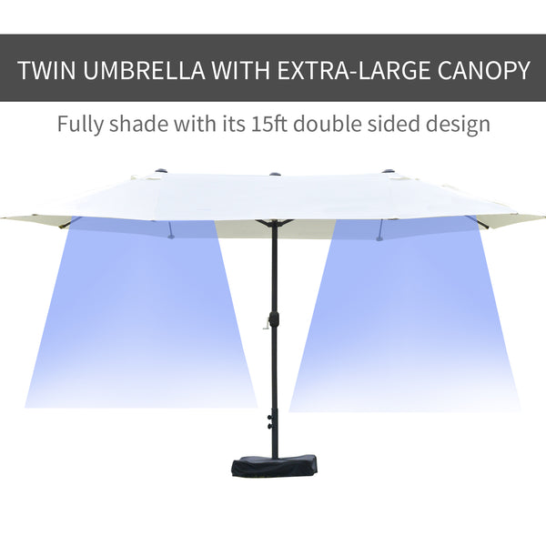 Outsunny Patio Umbrella 15' Steel Rectangular Outdoor Double Sided Market Umbrella with base, Sun Protection & Easy Crank for Deck Pool Patio, Beige