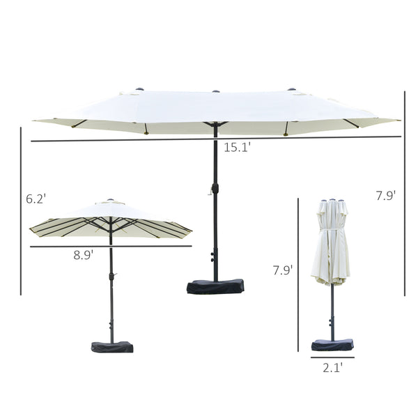 Outsunny Patio Umbrella 15' Steel Rectangular Outdoor Double Sided Market Umbrella with base, Sun Protection & Easy Crank for Deck Pool Patio, Beige