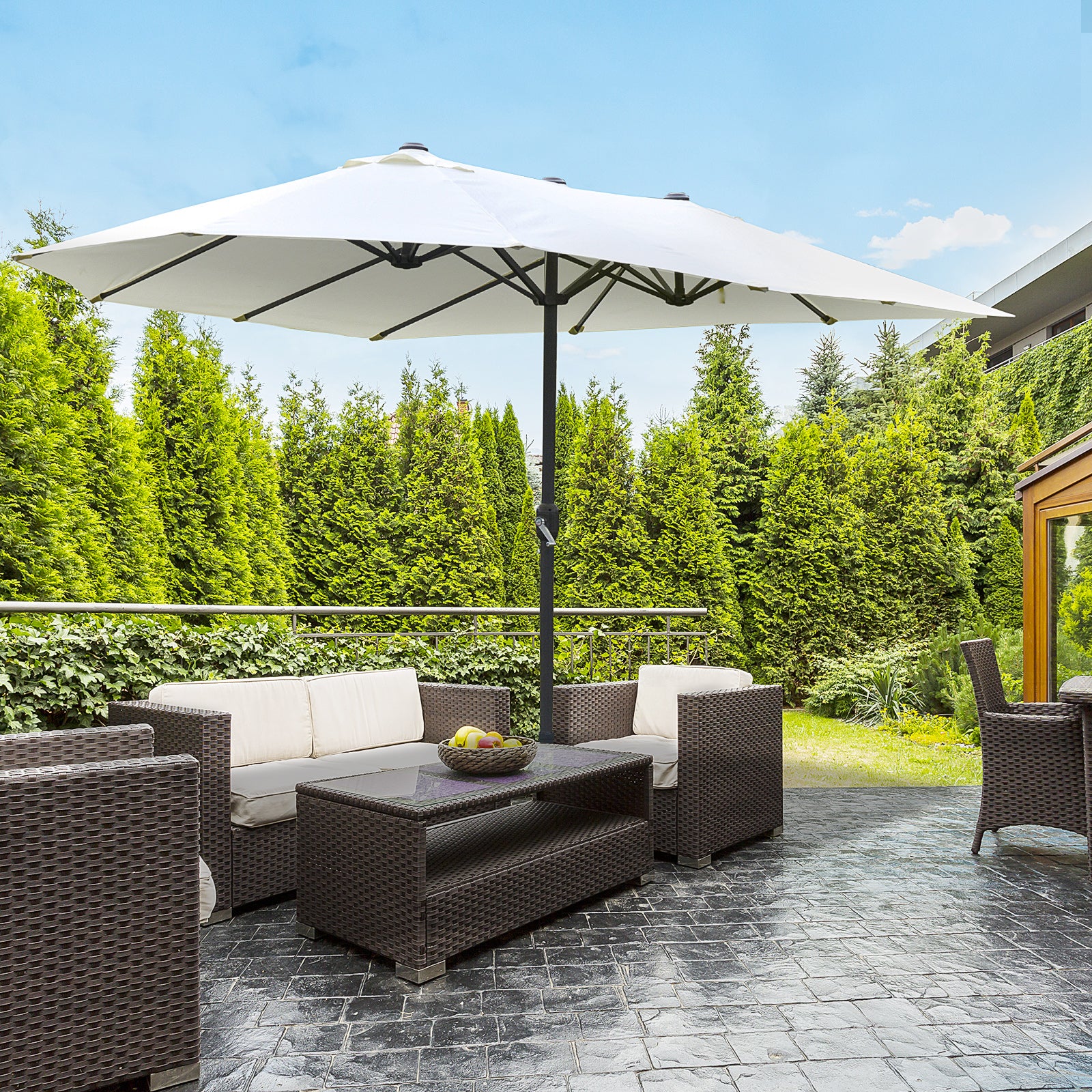 delaney patio umbrella Outsunny 15ft Patio Umbrella with Base, Rectangular, Double-Canopy, UV-Blocking, Easy Crank, Beige