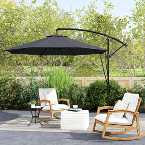 9.5FT Cantilever Patio Umbrella with Wind Strap, Cover, Round Offset Hanging Umbrella with 360°Rotation, Crank and Cross Base for Garden, Deck, Yard and Pool, UPF50+, Grey