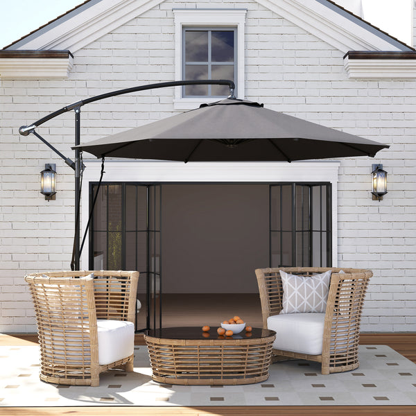 9.5FT Cantilever Patio Umbrella with Wind Strap, Cover, Round Offset Hanging Umbrella with 360°Rotation, Crank and Cross Base for Garden, Deck, Yard and Pool, UPF50+, Grey