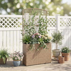 Garden Planter with Trellis, Rattan Raised Beds for Garden with Liner, Freestanding Outdoor Planter Box for Climbing Plants, Herbs, Vegetables, Flowers, 80 x 30 x 163 cm, Light Grey