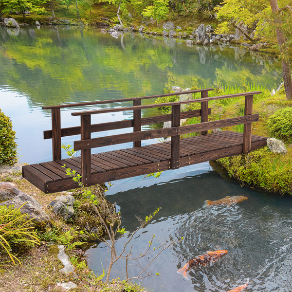 Outsunny 7' Wooden Garden Bridge with Safety Rails, Backyard Footbridge for Ponds, Creeks, Streams, Stained Finish