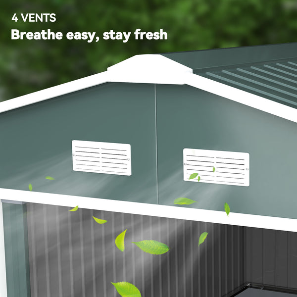 11' x 13' Garden Storage Shed with Foundation Kit, Metal Tool Storage House with Double Doors for Outdoor Patio Yard, Green
