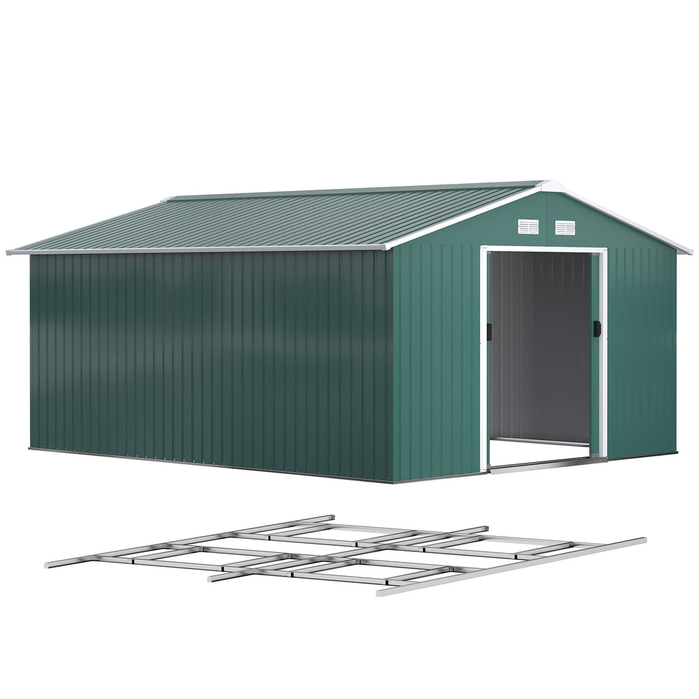 11' x 13' Garden Storage Shed with Foundation Kit, Metal Tool Storage House with Double Doors for Outdoor Patio Yard, Green