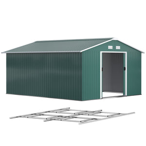 11' x 13' Garden Storage Shed with Foundation Kit, Metal Tool Storage House with Double Doors for Outdoor Patio Yard, Green