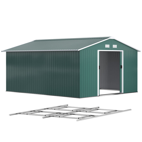 11' x 13' Garden Storage Shed with Foundation Kit, Metal Tool Storage House with Double Doors for Outdoor Patio Yard, Green
