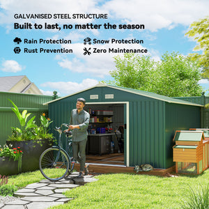 11' x 13' Garden Storage Shed with Foundation Kit, Metal Tool Storage House with Double Doors for Outdoor Patio Yard, Green