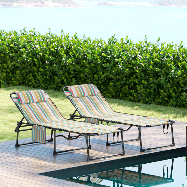 2 Piece Folding Chaise Lounge with 5-level Reclining Back, Tanning Chair with Face Hole, Outdoor Lounge Chair with Side Pocket & Headrest for Beach, Yard, Patio, Rainbow Striped