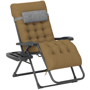 Padded Zero Gravity Chair, Folding Recliner Chair, Patio Lounger with Cup Holder, Adjustable Backrest, Removable Cushion for Outdoor, Deck, Poolside, Light Khaki