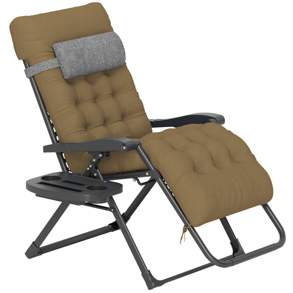 Padded Zero Gravity Chair, Folding Recliner Chair, Patio Lounger with Cup Holder, Adjustable Backrest, Removable Cushion for Outdoor, Deck, Poolside, Light Khaki