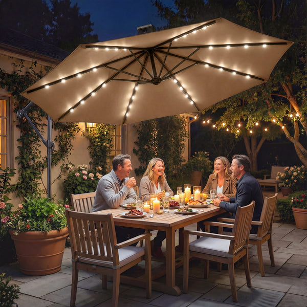 9.7 ft Cantilever Patio Umbrella with Solar LED Light and Cover, Khaki