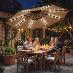 9.7 ft Cantilever Patio Umbrella with Solar LED Light, Cover, Round Offset Hanging Outdoor Umbrella Parasol with Tilt and Crank Handle, Khaki