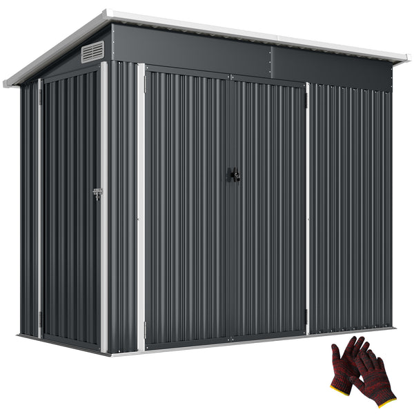 7.5' x 4.3' Outdoor Storage Shed, Waterproof Metal Garden Shed with Gloves, Lockable Doors, Vents and Pitched Roof for Backyard, Patio, Lawn, Poolside, Dark Grey