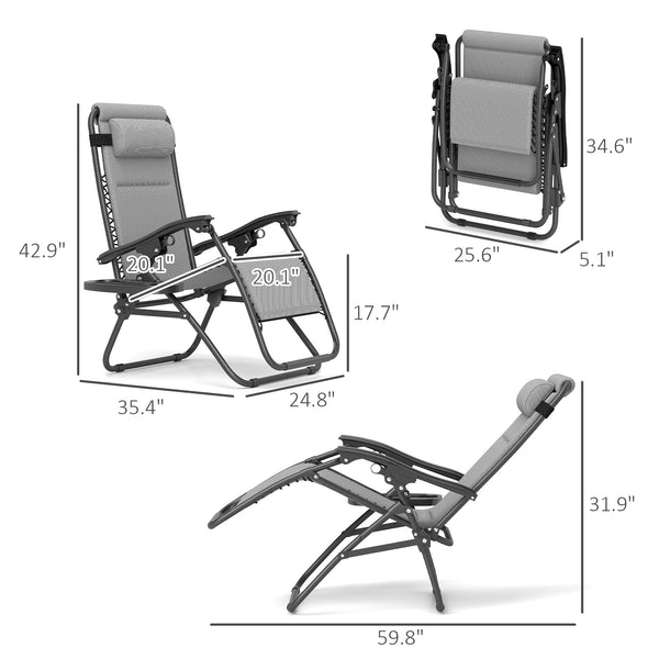 Outsunny Zero Gravity Chairs Set of 2, Reclining Folding Zero Gravity Lounge Chair, Outdoor Lounge Chairs with Cushion, Headrest, and Cup Phone Holder Tray for Patio, Beach, Light Gray