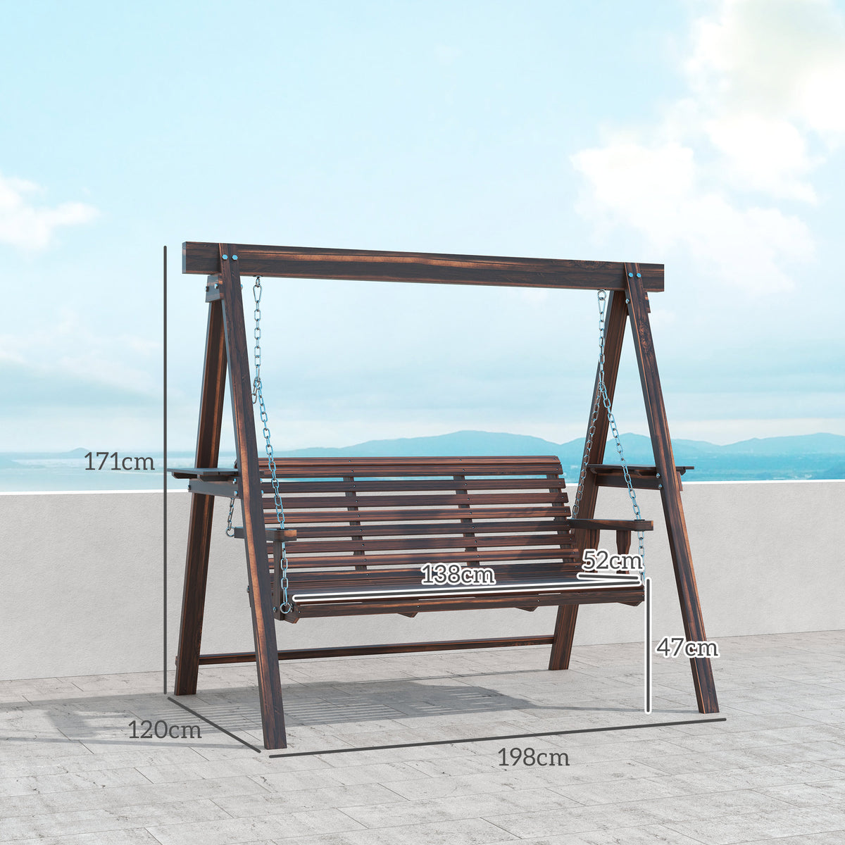 Three Chain Chair Outsunny 3 Seater Garden Wooden Swing Chair with Side Tables and Metal ...