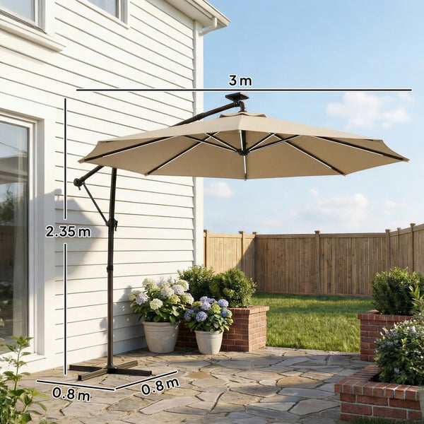 3 m Garden Cantilever Parasol with LED Solar Light, Round Overhanging Umbrella with 6-Position 360° Rotation, Crank Handle, Tilt, Cover, Banana Patio Umbrella for Outdoor Sun Shade, Khaki