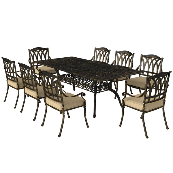 9 Pieces Cast Aluminium Garden Dining Set, 8 Seater Garden Table and Chairs with Parasol Hole, Outdoor Garden Furniture Set with Cushions for Patio, Bronze Tone