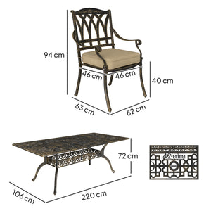 9 Pieces Cast Aluminium Garden Dining Set, 8 Seater Garden Table and Chairs with Parasol Hole, Outdoor Garden Furniture Set with Cushions for Patio, Bronze Tone